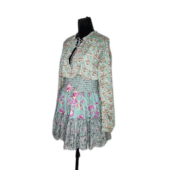 Hemant & Nandita Hera Long Sleeve Floral Mini Dress In Mint Macaron Size M - Picture 3 of 12